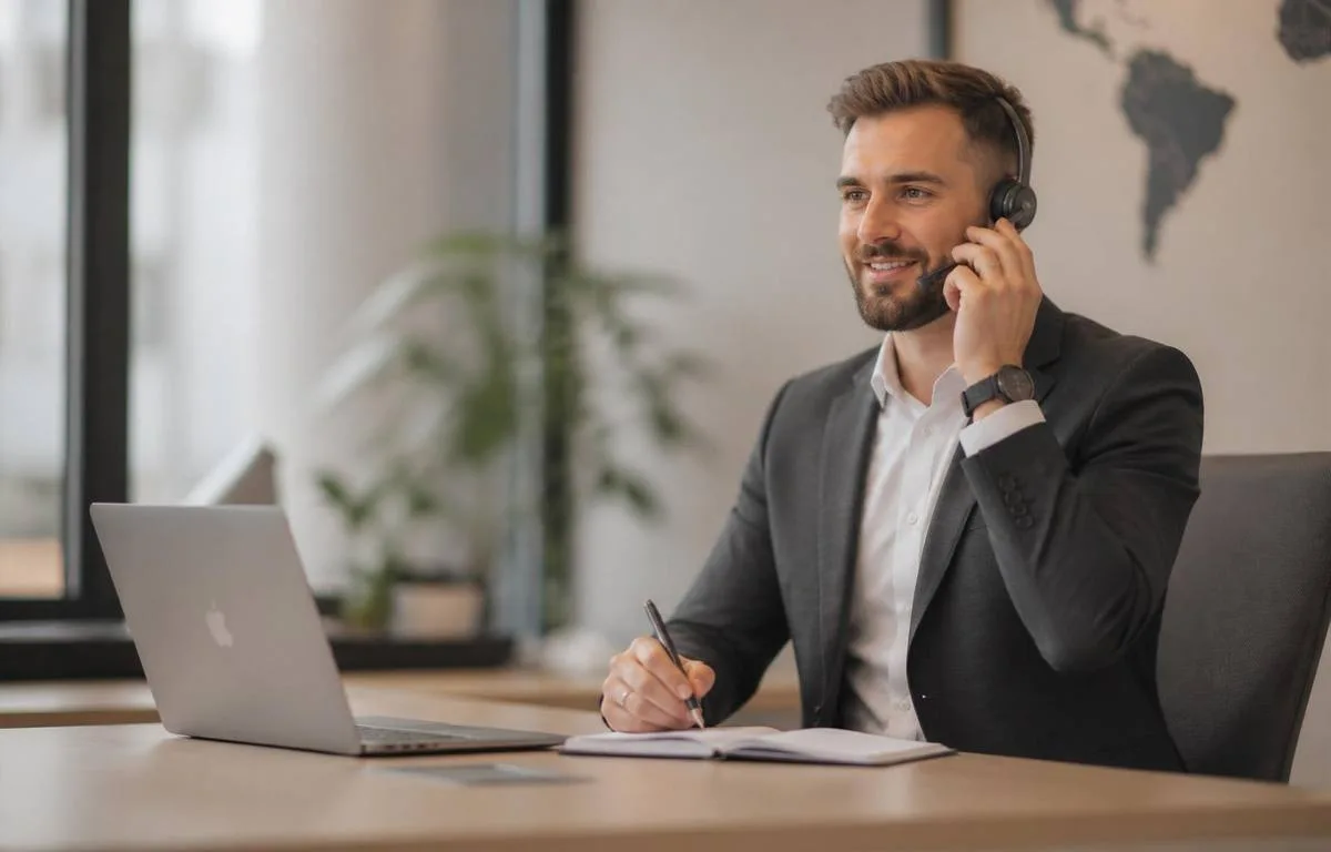 B2B pardavimų specialistas bendrauja su klientu telefonu